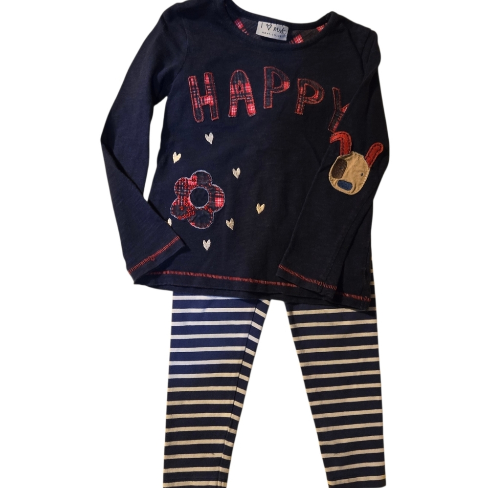 NEXT "Happy" Plaid Applique Puppy Flower Elbow Patches Navy Blue Red LS Top 3-4
